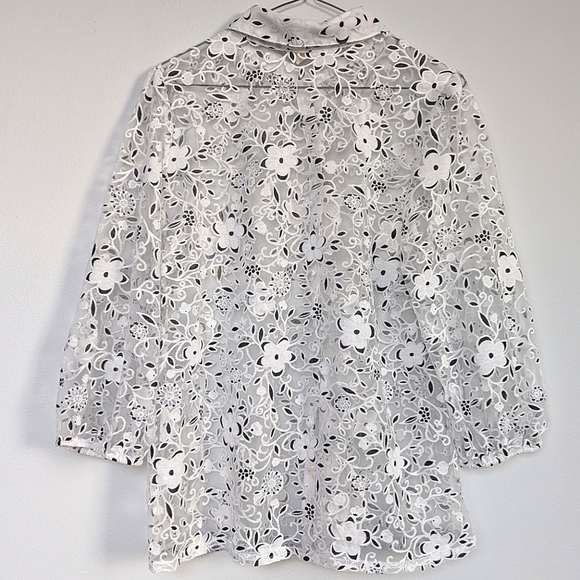 Ember Mesh Lace Pearl Button Up A-line Blouse ¾ Sleeves White Black Floral sz L - Picture 3 of 13
